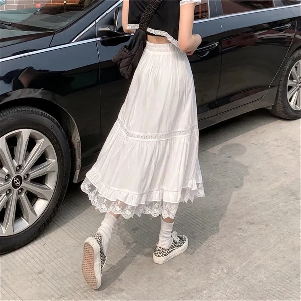 Koronki z wysokim talią szwy z tiulem plisowaną spódnicą Summer Vintage Białe cienkie kobiety Koreańskie czarne streetwear 210421