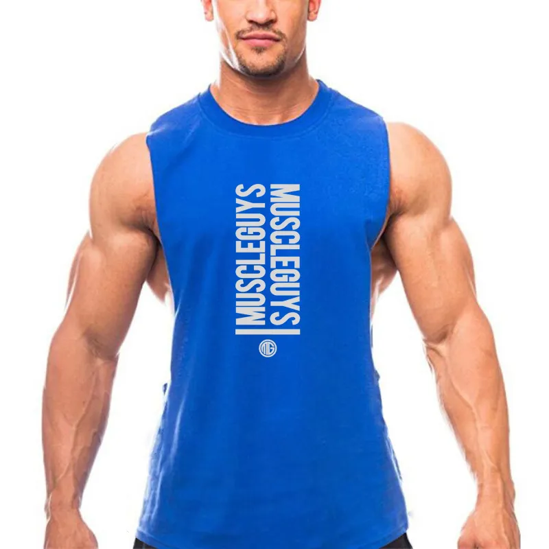 MuscleGuys Letter Gyms Stringer Vest Men Tank Toppar Skriv ut Fitness Ärmlös Skjorta Bomull Träning Kläder Sexig Undershirt Man 210421