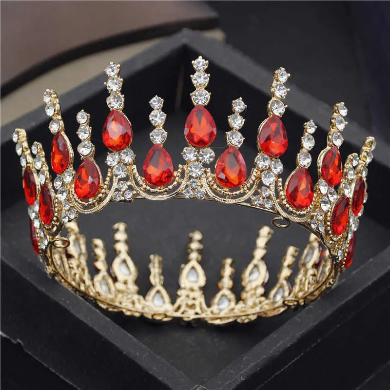 Vintage Red Crystal Diadema Tiaras nupciales Corona de boda Royal Queen Tocado Pageant Joyería para el cabello Adornos de cabeza de cumpleaños X0625