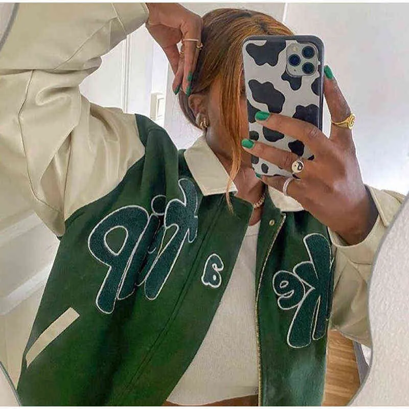ハウスウェアのサニージャケット女性 Pu レザー野球コート女性アウターウェアグラスグリーン TAKE A TRIP レターアップリケボンバー 211029
