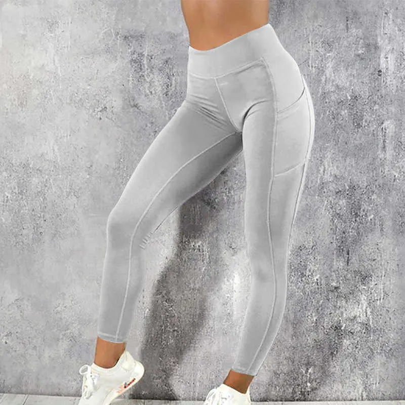 Yüksek Bel Cep Egzersiz Moda yukarı Spor Kadınlar Salonu Tayt itin Casual jeggings Womans Giyim Pantolon 210925