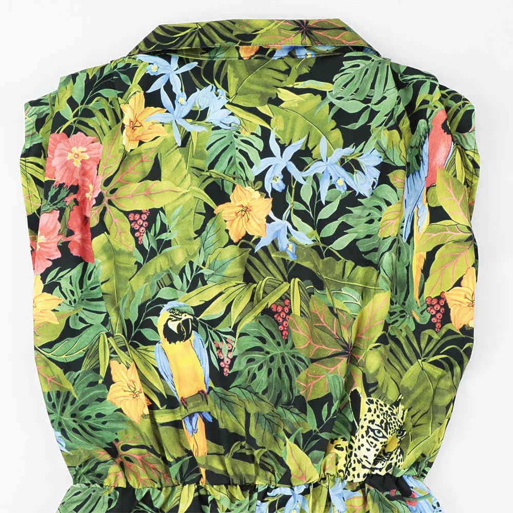 女性熱帯の花の葉プリントシャムロンパースレディーススリーベルスジャンプスーツカジュアルな弾性ウエストポケットズボン210520