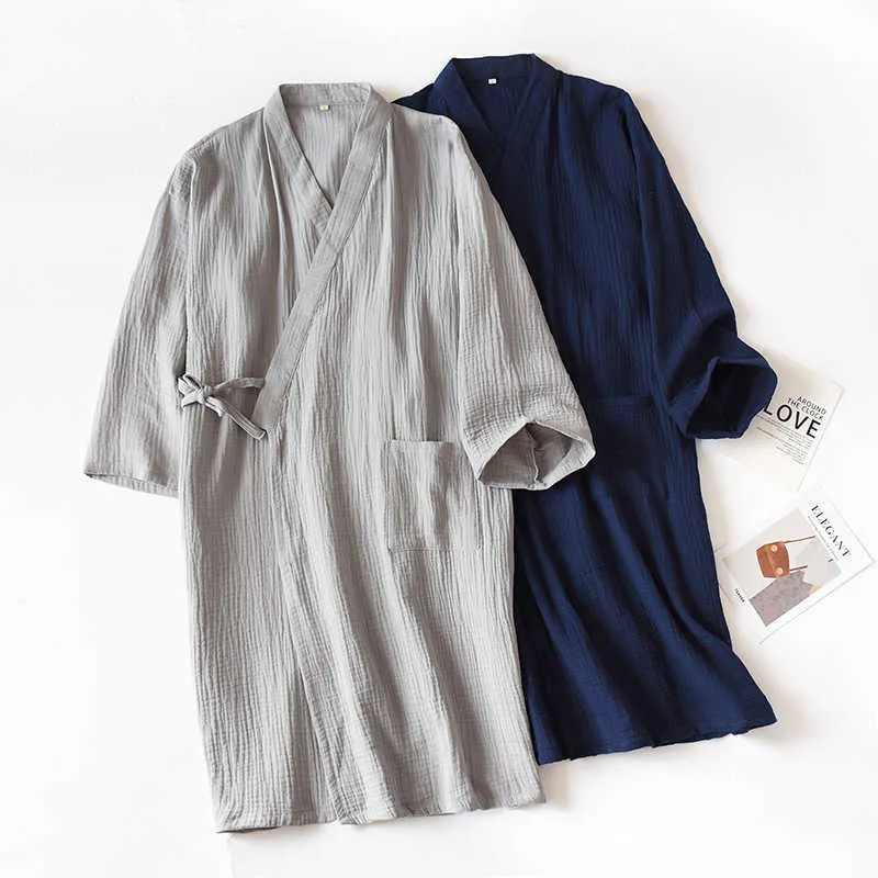 Spring Kimono de style japonais et d'été 100% coton crêpe dames Mince chemise de nuit Men Hommes peignoir Robe Home Service Pyjamas 210924
