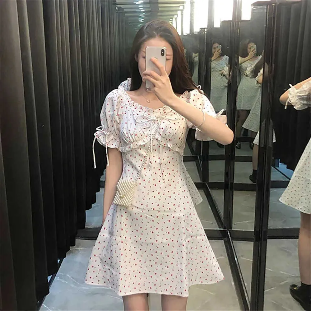 White Casual Floral Ruffle Bow Women Dress Bandage Ruched Summer Mini Dress Office Puff Sleeve High Street Aline Ladies Dresses 210619