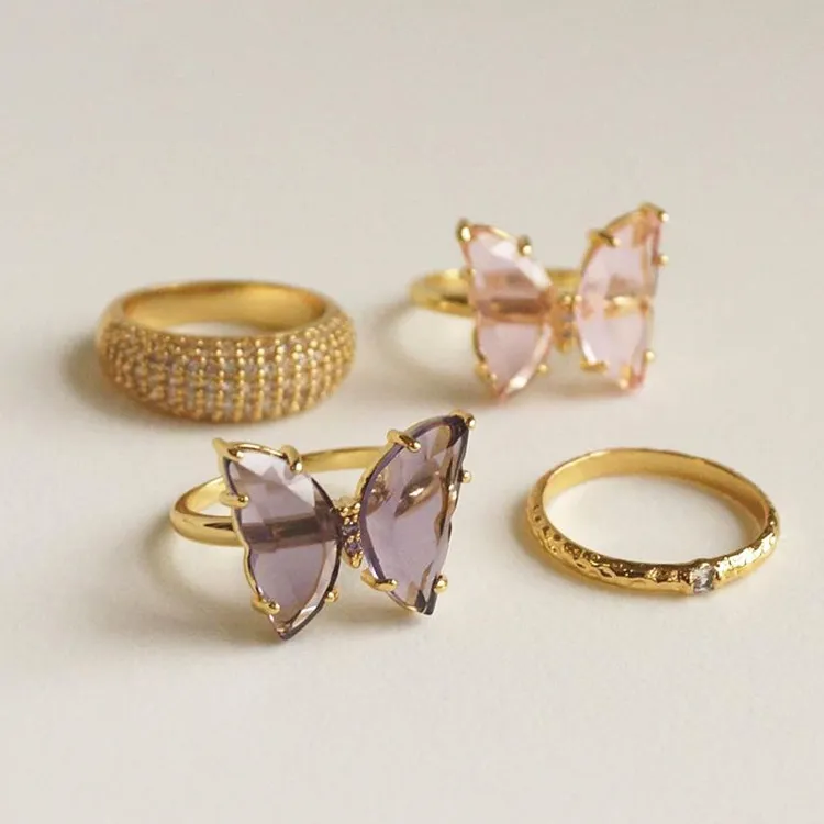 mode vergulde open ring fabrikant directe koperen sieraden ring kristalglas vergulde vlinderringen8373917