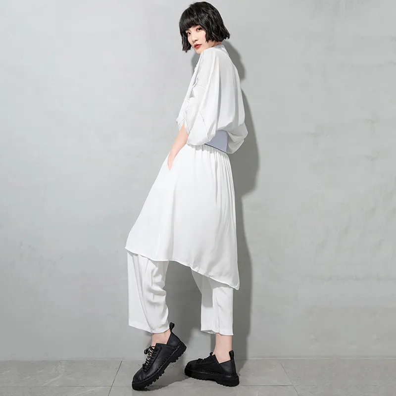 [EAM] Wysoka elastyczna talia biały przycisk nieregularny długie spodnie harem luźne spodnie kobiety moda wiosna jesień 1dd8347 21512