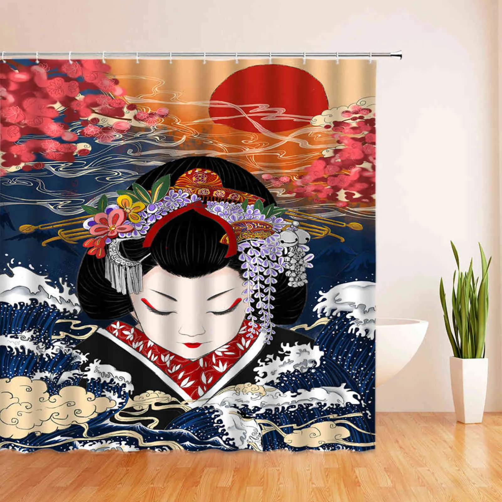 Duschvorhang im japanischen Stil 3D-Tintengemälde Badezimmer Vorhang wasserdicht mit Haken 180 * 240 cm Duschvorhang Polyestergewebe 211116