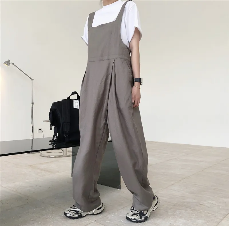 Qooth Linen Cotton Wide Leg Jumpsuit Womens Loose Solid All-Match Trousers Summer Causal Thin Pockets Rompers Overalls QT629 210518