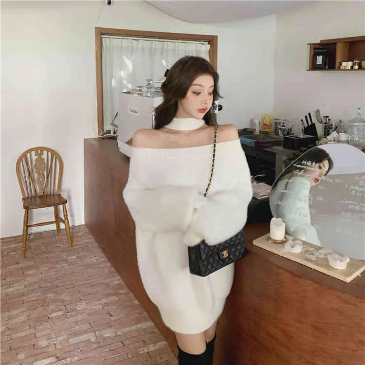 korean style Knitted Sweaters Women Loose soft warm Sweater and pullovers Female Jumpers off shoulder tops R99455 210423