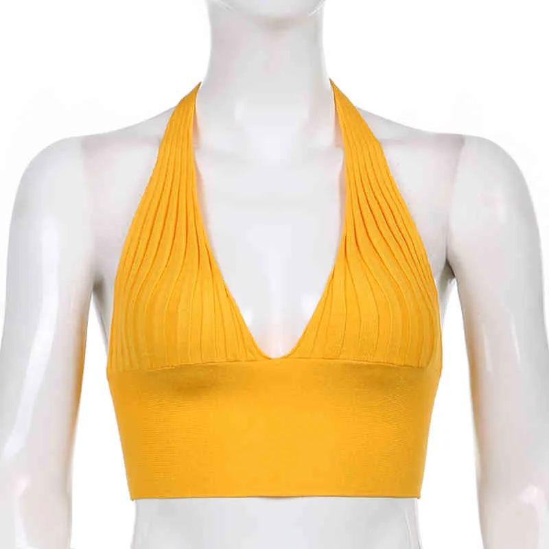 Y2K V Neck Bandage Knitted Halter Crop Tank Tops Women Sexy Summer Backless Casual Shirt Party Vest Sleeveless Tee Beachwear 210510