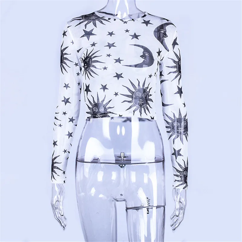Kvinnor T-shirt Sun Moon Printed See-Through Transparent Mesh Femaletops Långärmad Sheer Slim Ladies Round Neck Clothing 210522