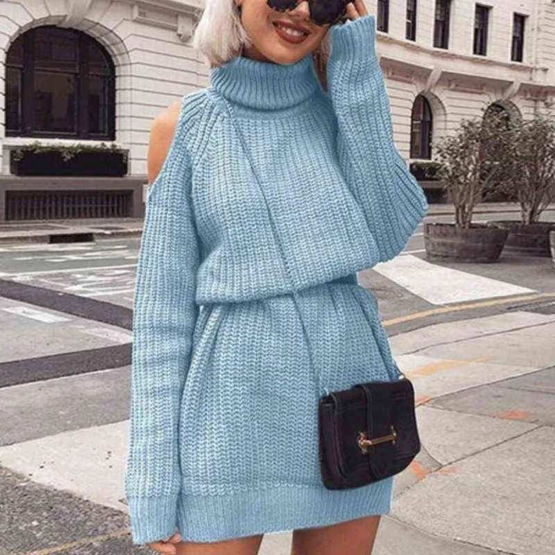 Women Fashion Hollow Out Sweater Mini Dress Winter Solid Long Sleeve Party Dress Elegant Turtleneck Sexy Off Shoulder Knit Dress Y1204