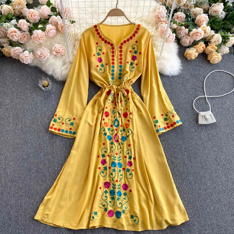 Весна мода этническая ретро печатает Vestidos женское V-образное вырезывание кружева MIDI платье с талией и тонким темпераментом C707 210506