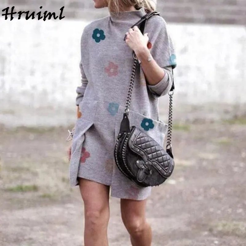 Vintage Turtleneck Vestidos de manga larga para mujeres Moda Otoño Impresión Big Pocket Mini Vestido Plus Tamaño Casual Suelto Streetwear 210513