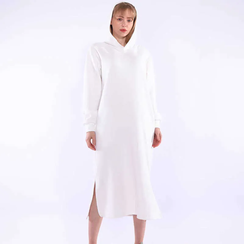 Lange hoodie jurk vrouwen herfst winter fleece pocket kawaii vintage casual wit split maxi hooded sweatshirts jurken truien 210928