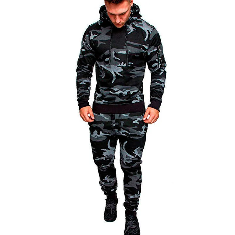 Yeni Eşofman Sonbahar Kış Camou Hoodies Rahat Ter Suits İpli Kazak Kıyafet Spor Erkekler 2 Parça Set Artı Boyutu Y0831