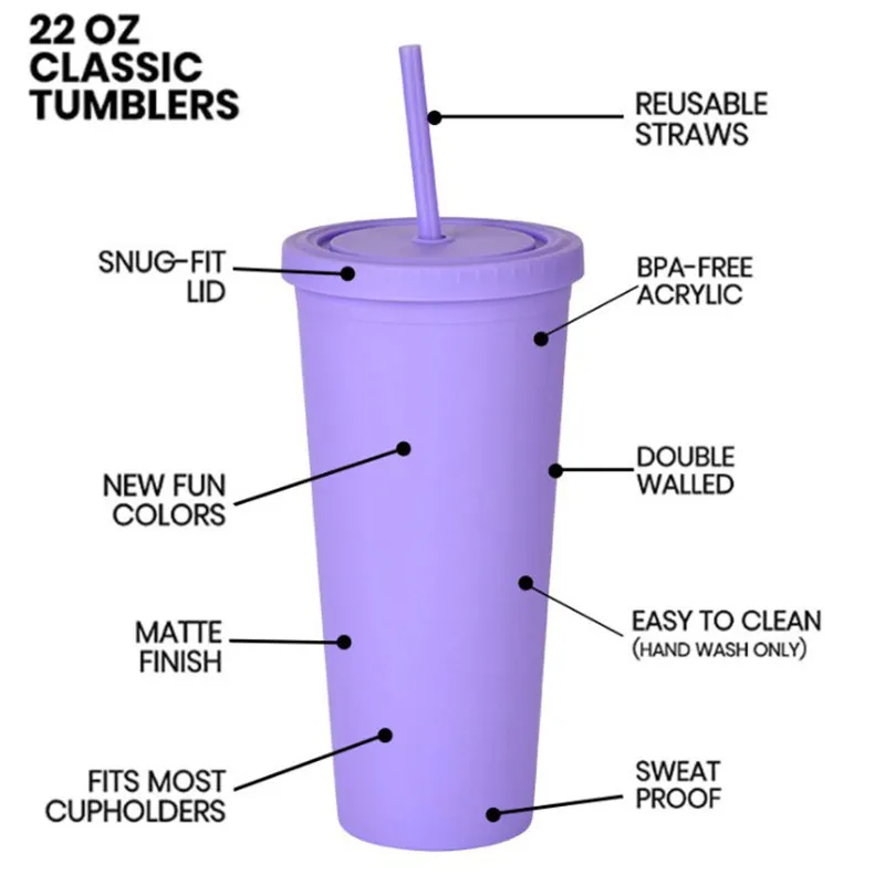 15 couleurs tasses en plastique avec pailles Macaron couleur tasses d'eau PE 22OZ solide plaine brèves bouteilles d'eau en stock FY4489