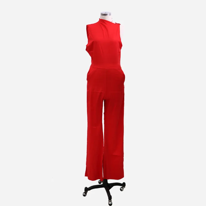 Jumpsuits de mulheres sem mangas larga perna magro meio colarinho elegante escritório senhoras elegante trabalho desgaste mola verão feminino roupa 210416