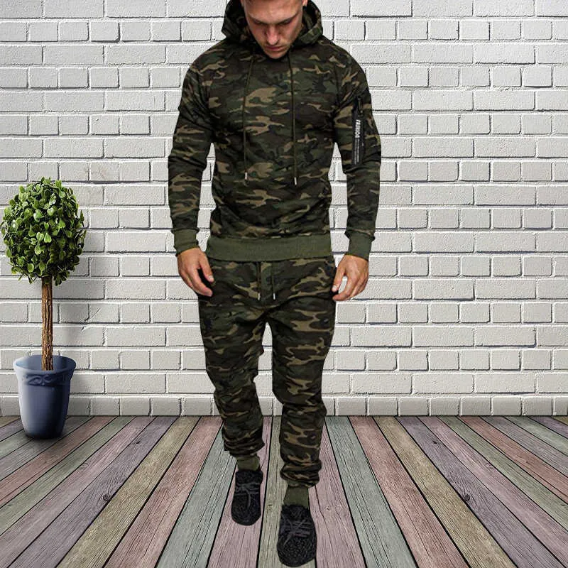 2 Stücke Trainingsanzug Männer Militär Hoodie Sets Camouflage Muscle Man Herbst Winter Taktische Schweiß Top und Jacke Hosen X0909