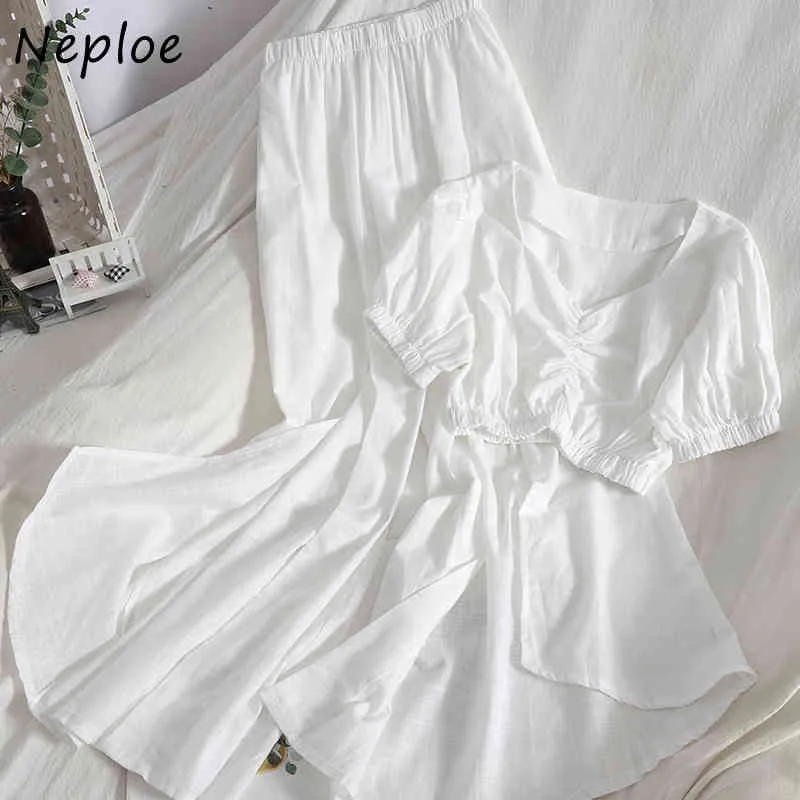 Neploe Mulicolor Slim Women Set V Neck Drawstring Short Sleeve Shirt + High Waist Hip Wide Leg Pants Suit Summer Ol Cloth 210423