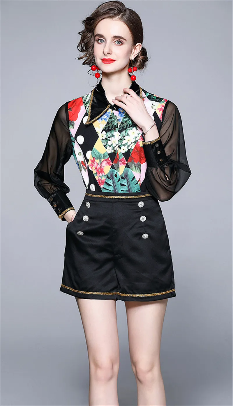 Été automne mode piste Shorts costume femmes noir imprimé fleuri Blouse maille chemise + Vintage Mini jupe deux pièces ensemble 210520