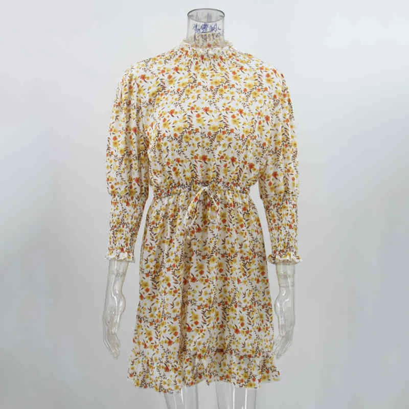 Foridol Floral Print Vintage Boho Jurk Dames Herfst Winter Casual Short Sash Yellow Dress Vestidos 210415