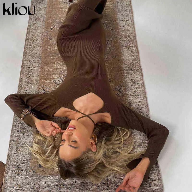 Kliou tricoté solide Maxi Robe femmes automne Sexy licou Slash cou Robe moulante femme dame corps-façonnage élégant Vestidos jupe Y1204