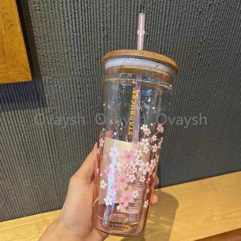Estilo japonês Starbucks sakura Copos de madeira cobrem copo de palha de vidro 591ML flor de cerejeira camada dupla coffeeY80YY80Y