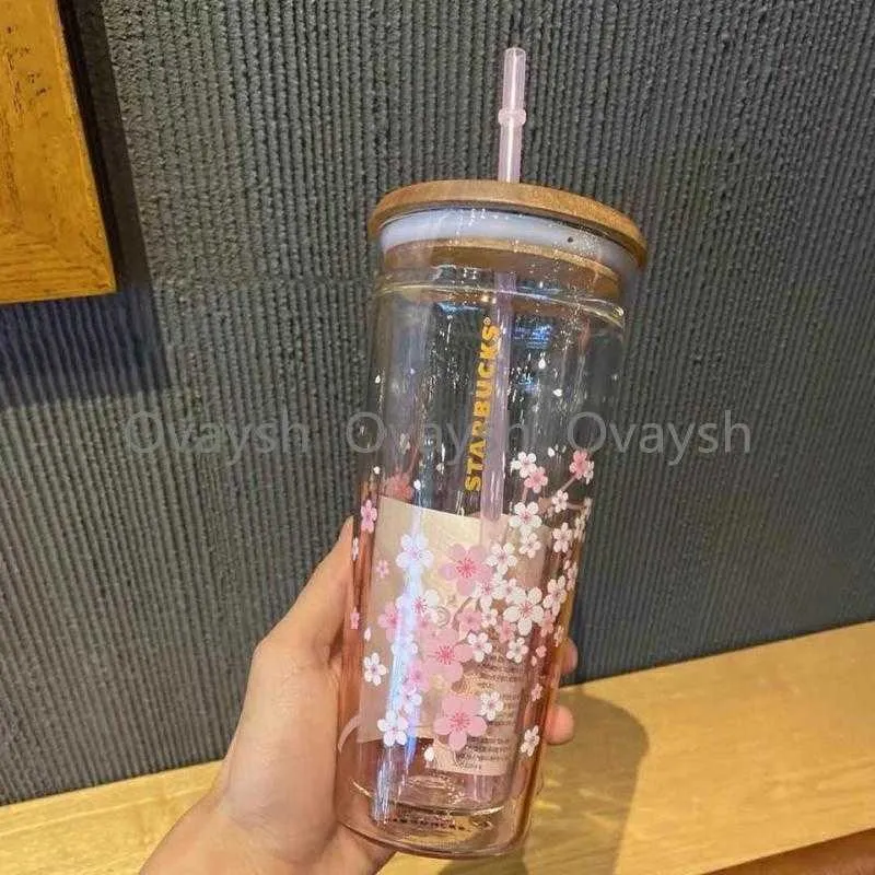 النمط الياباني Starbucks Sakura Wooden Tumplers يغطون كوب القش الزجاجي 591 مل من أزهار الكرز مزدوجة القهوة 80yy80y2533