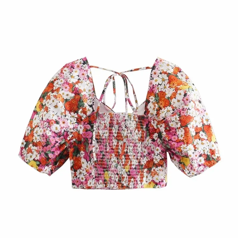 Summer Women Floral Print Square Collar Short Blouse Female Raglan Sleeve Shirt Smock Casual Lady Crop Tops S8851 210430