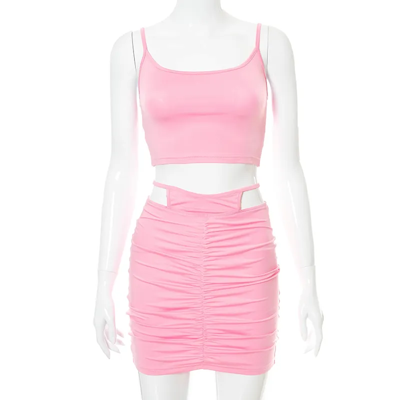 Set Women Outfits Pink Sexy Spaghetti Strap Cut Out Crop Tops+Ruched Bodycon Mini Skirts Summer Kawaii Y2K Clothes 210517