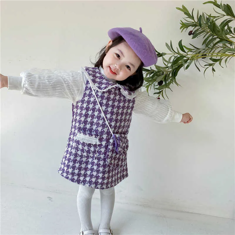 Groothandel lente baby meisje 2-pcs sets lange mouwen shirts + paars geruite vest rok met tas dame stijl kind Kleding E9042 210610