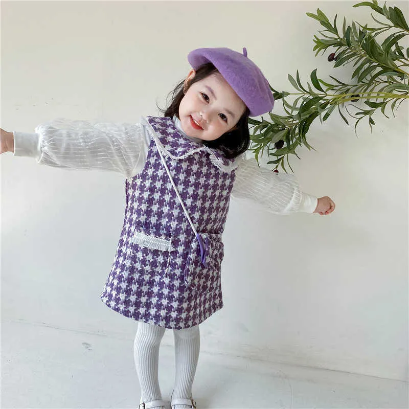 Hurtownie Spring Baby Girl 2-sztaki Zestawy Długie Rękawy Koszule + Purple Plaid Kamizelka Spódnica Z Torba Lady Styl Kid Odzież E9042 210610