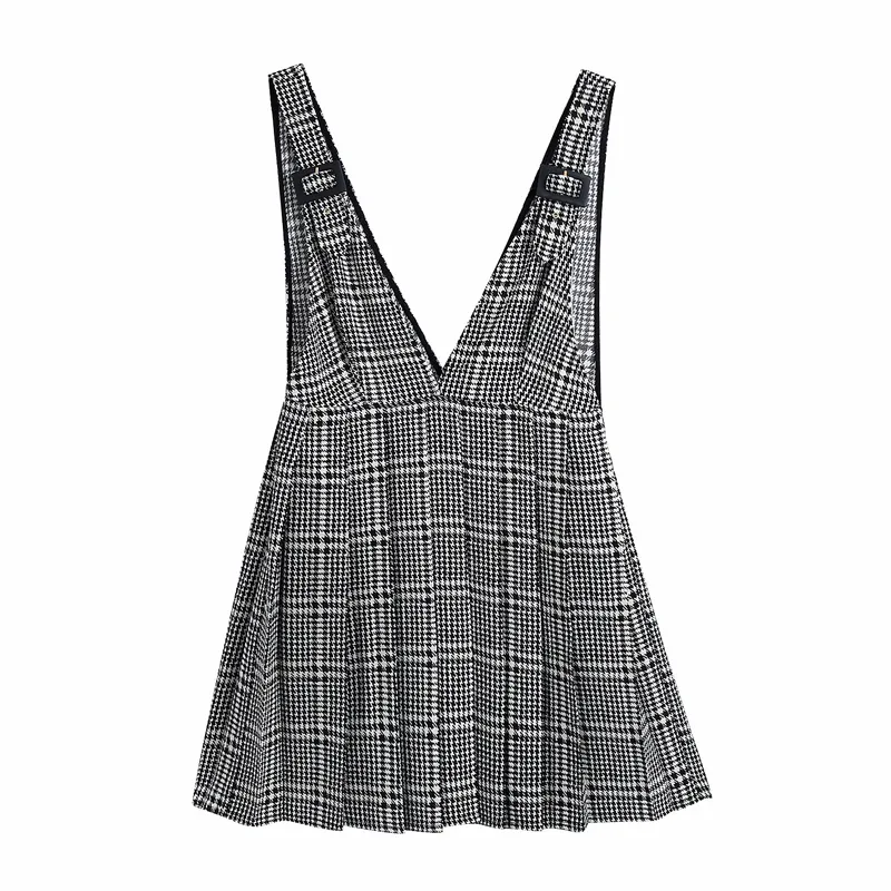 VUWWYV Plaid Pinafore Mini Dress Women Pleated Houndstooth Skirt Wide Adjustable Strap With Buckle Casual Ladies Dresses 210430