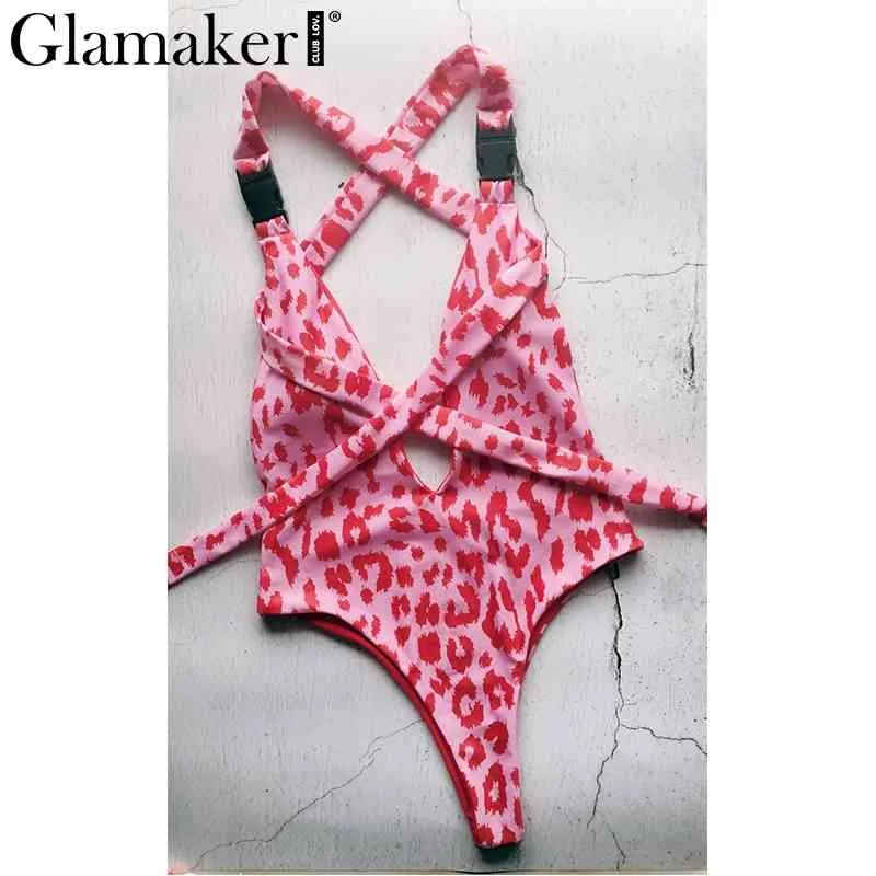 Glamaker Costume da bagno donna rosso con stampa leopardata Body sexy con scollo a V profondo e fasciatura con fibbia femminile Costume intero push up con taglio alto 210412