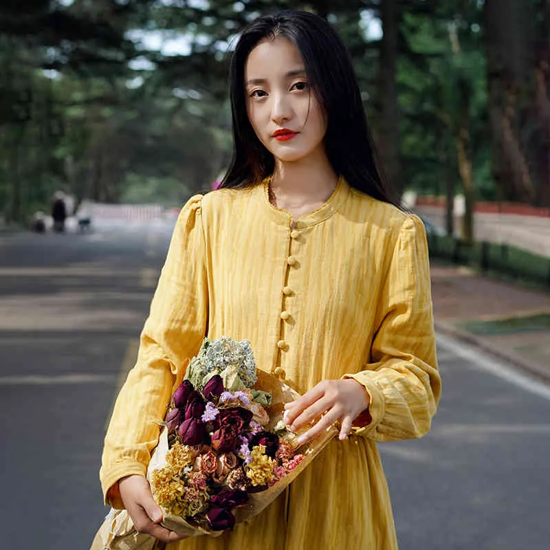 Johnature Vintage-Hemdkleid für Frauen, Knopf-Jacquard-Ständer, lange Ärmel, A-Linie, Herbst, einfarbig, chinesischer Stil, 210521