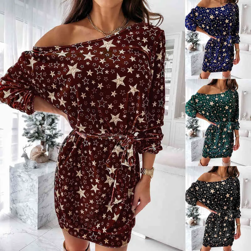 Vår Långärmad Straight Print Dress Kvinnors Klänning Casual Print Star Bandage Mini Klänning För Kvinnor Vestidos Fashion 210514