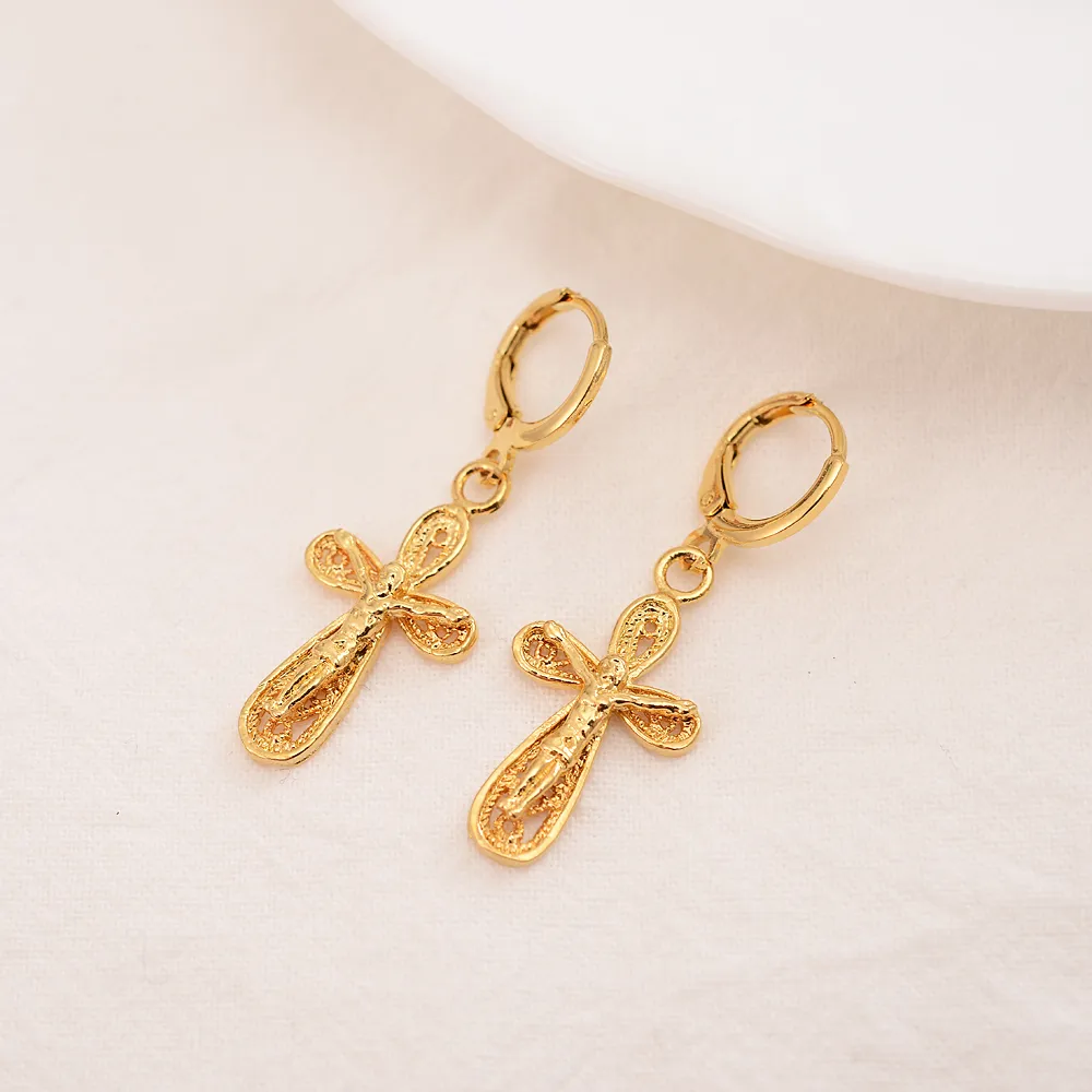 Jezus kruist hanger kettingen oorbellen 18 K fijn geel goud gevulde Egyptische sets vrouwen Egypte hiërogliefen charme sieraden219j