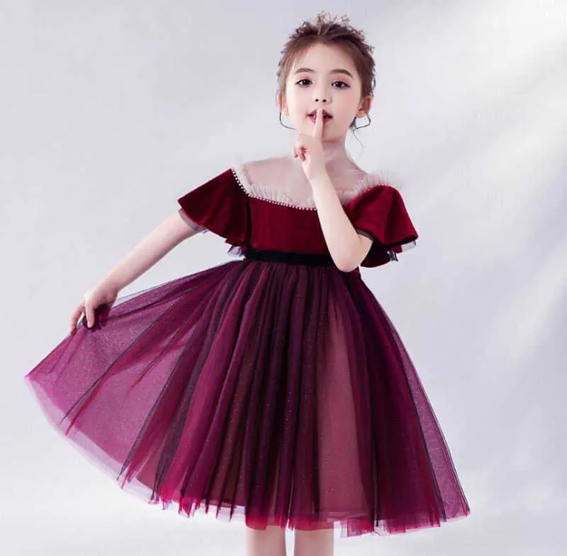 Velvet Girl Party Dress Kids Princess Shirt Es för Girls Puff Sleeve Utför balsalskläder 1-12t e2073 210610