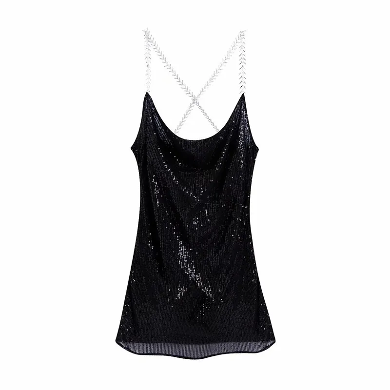 Abito da sera con paillettes nero Cinghie da donna Glitter Slip Mini Sexy Ladies senza maniche Night 210519