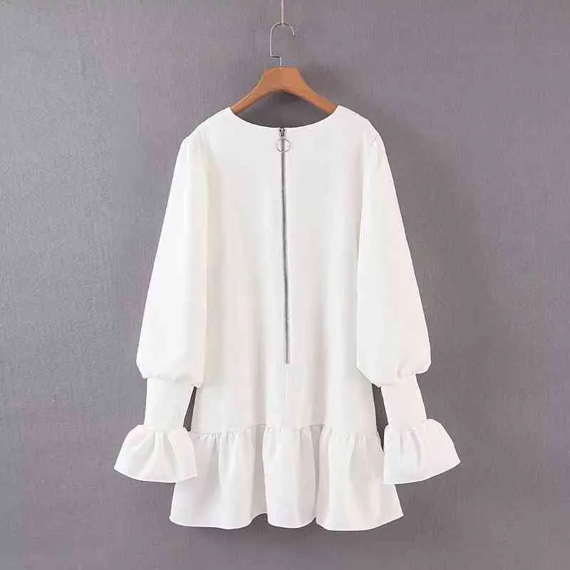 Sexy col en V profond à manches longues blanc mini robe femmes vintage dos fermeture éclair plage robes de soirée été boho coréen vestidos 210521