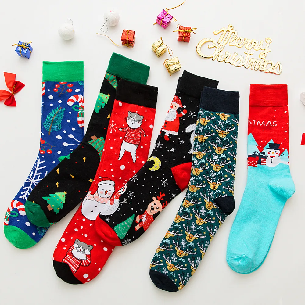 Christmas Socks Cotton Funny Men Graphic Socks Santa Claus Elk Snowman Cartoon Printing 2021 Christmas Gift