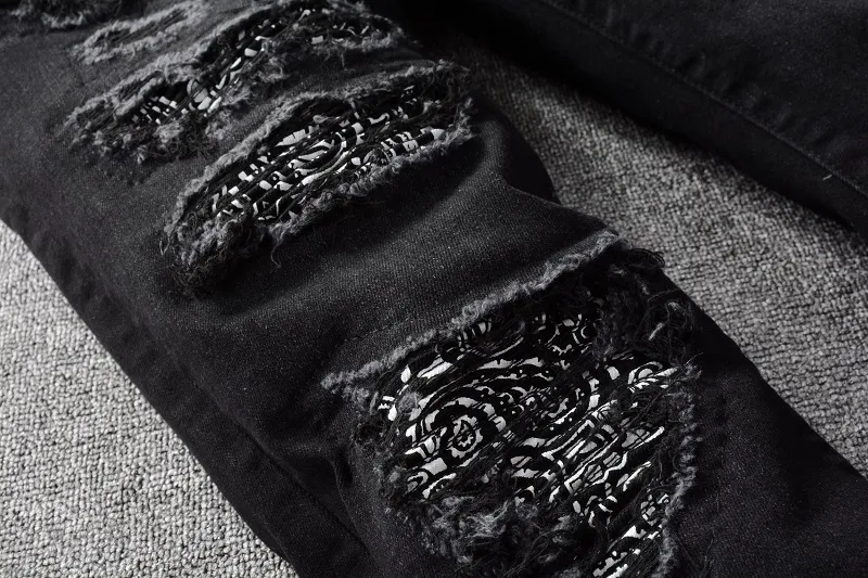 Designer Long Slim Black gescheurde jeans hoogwaardige gat uit broek streetwear broek voor mannen