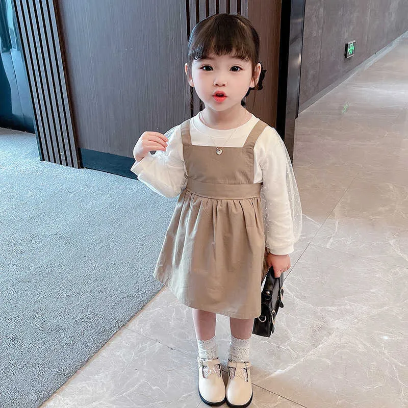 Bärenführer Baby Mädchen Koreanische Mode Kleidung Sets Herbst Kinder Kausal T-Shirt und Hosenträger Kleid Outfit 2 stücke Kinder Kleidung 210708