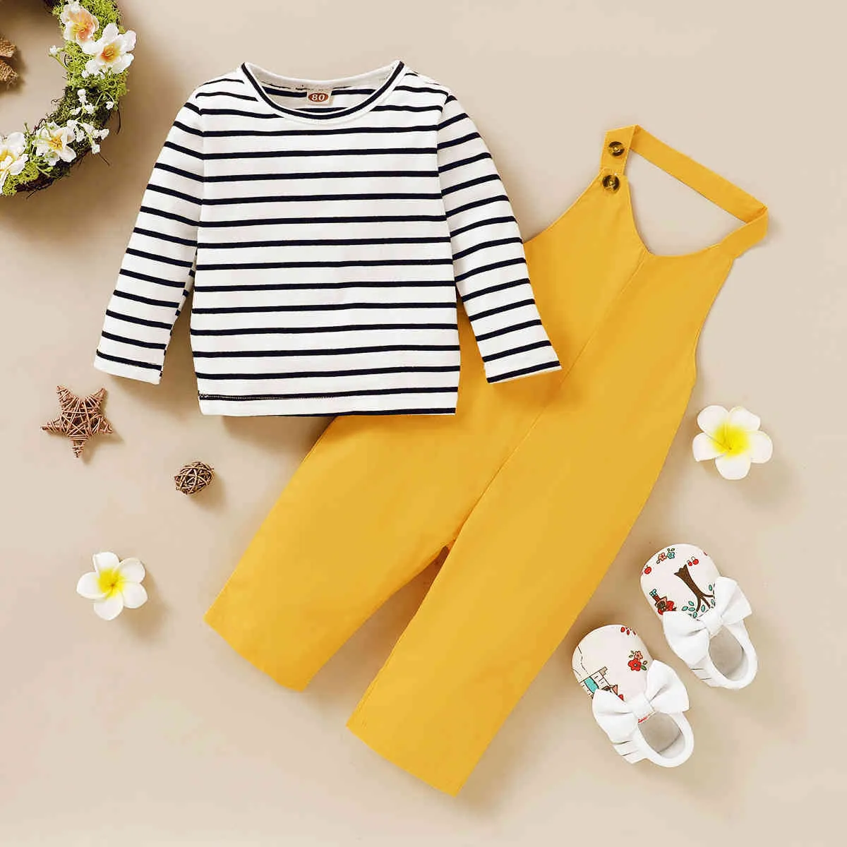 1-5y outono toddler bebê garoto menina roupas conjunto listrado manga comprida camiseta tops macacões outfits crianças trajes 210515