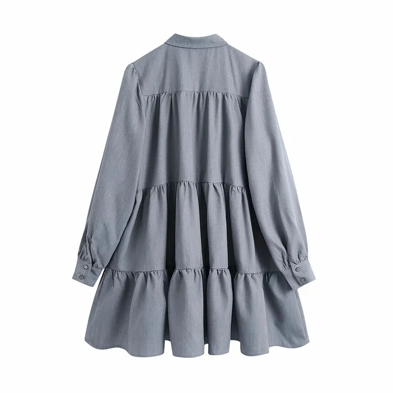 ドレス女性グレーシャツミニ女性秋の襟付きボタンアップフリル長袖カジュアルビンテージレディースE 210519