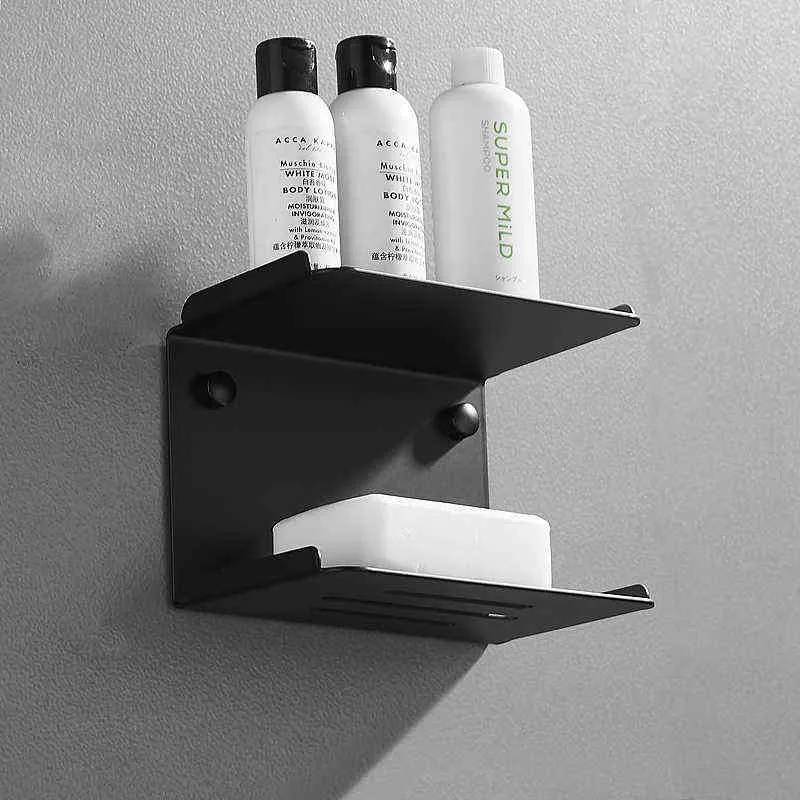 Porte-savon de salle de bain en acier inoxydable noir cuisine savon plat mural douche caddy support double couche cosmétique shampooing étagère 211119