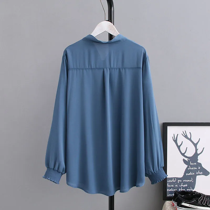 Ofis Bayan Puf Kollu Kadın Gömlek Yay Artı Boyutu Şifon Kadın Bluz Ve Üstleri Vintage Gevşek Kadın Giyim 12963 210417