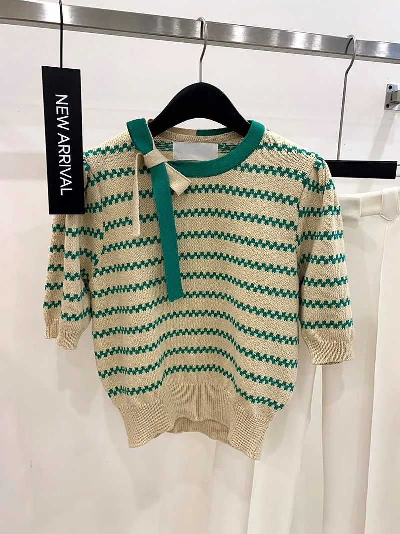 Summer Striped Bowtie Knitted Pullover Knitwear Women Short Sleeve O-neck Tunics Sweater Korean Vintage Elegant Jumpers Tops 210513