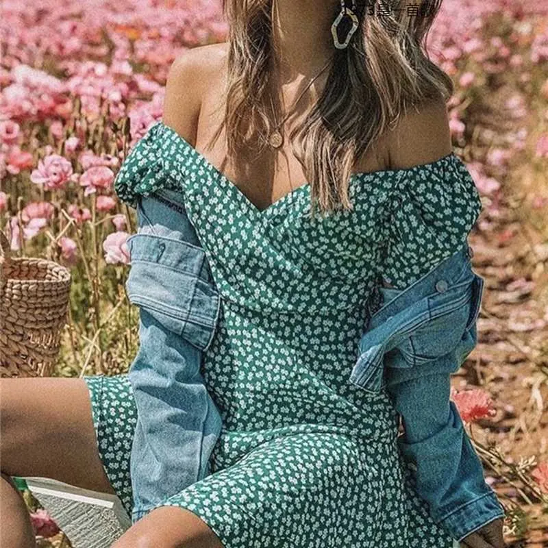 Summer dress boho korean off shoulder beach dress elegant kawaii green vintage floral sexy v neck mini dress vestidos 210630